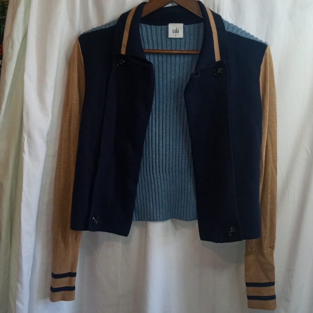 CAbi Colorblock Varsity Jacket Navy Light Blue Camel Retro Small Office Casual